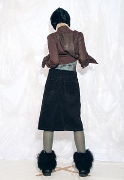 Vintage Y2K Midi Skirt in Black Corduroy