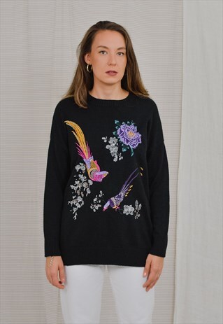 EMBROIDERED SWEATER VINTAGE 80'S EXOTIC BIRDS BLACK PULLOVER
