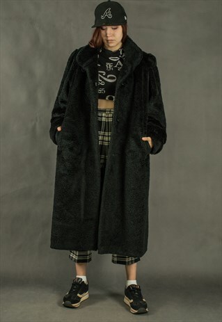 VINTAGE 80S SWAG FAUX FUR LONG DIVA BLACK COAT