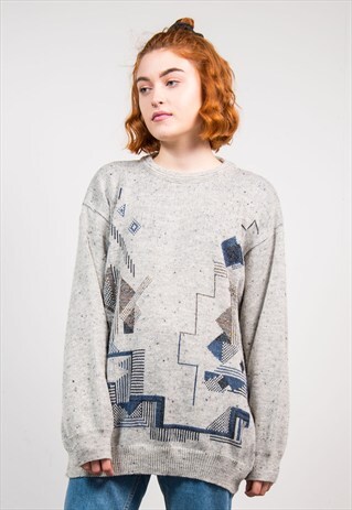 VINTAGE 90'S GREY ABSTRACT PATTERN GRANDAD KNIT JUMPER