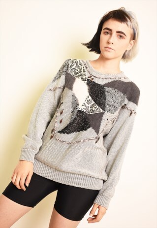 80'S RETRO BEADED ABSTRACT PATTERN SLOUCHY KNIT JUMPER