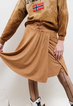 Vintage Y2k Western Brown Velour Soft Tie Pleaded Mini Skirt