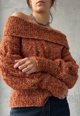 Vintage 90's Classy Orange Wool Chunky Off Shoulder Jumper