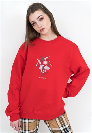 SENSITIVE FLORAL EMBROIDERED RED SWEATSHIRT FLOWERS JUMPER