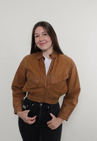 80S LEATHER BOMBER JACKET, VINTAGE WOMEN BROWN AVIATOR