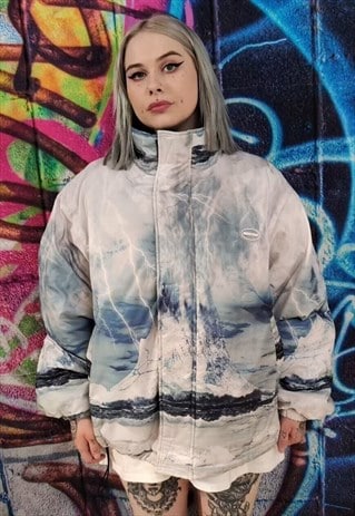 EARTH PRINT BOMBER NORTH MOUNTAIN THIN PUFFER JACKET WHITE