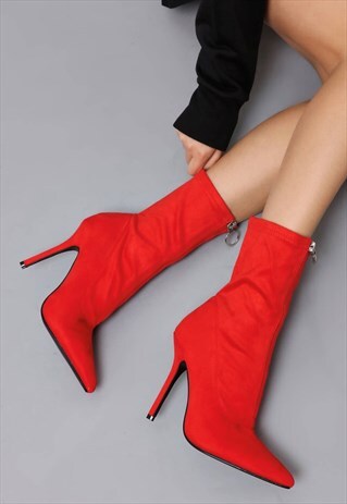 LUGA FRONT ZIP CURVED STILETTO HEEL RED SOCK BOOT