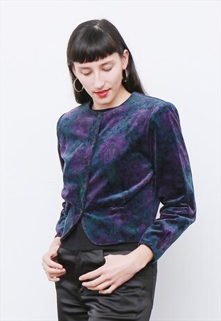 VINTAGE 80'S PURPLE PATTERNED VELVET CROPPED JACKET