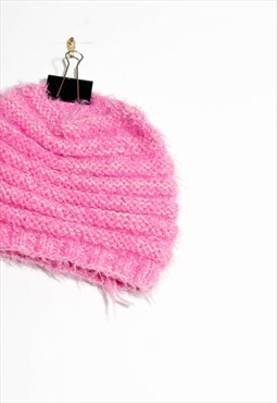 90s grunge y2k vintage pink fluffy furry ribbed winter hat