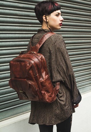 TEXTURED BROWN LEATHER OFFICE WORK BACKPACK