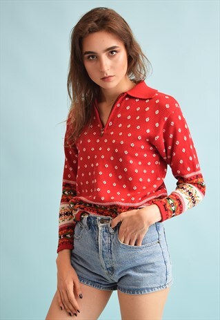 90'S RETRO KNIT NORDIC FAIR ISLE PRINT JUMPER TOP