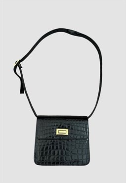 60s Vintage Black Moc Croc Patent Ladies Shoulder Bag