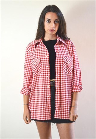 1990S VINTAGE RED & WHITE SMALL CHECKED LONG SLEEVE SHIRT
