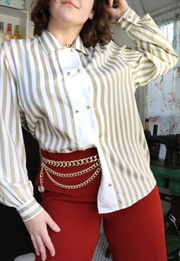 Retro 80s Italian Beige Stripey Stripe Stripes Shirt Blouse