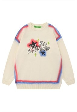 Graffiti sweater knitted grunge jumper star print top cream