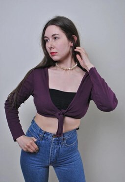 Vintage hooded purple blouse, 90s long sleeve crop top 