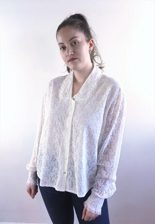 WOMENS VINTAGE 80S BLOUSE WHITE FLORAL LACE LONG SLEEVE TOP