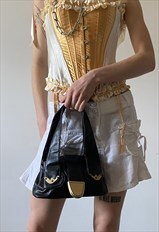 Vintage faux leather black mini handbag with gold elements 