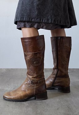 Vintage Y2K 00s leather biker boots in brown