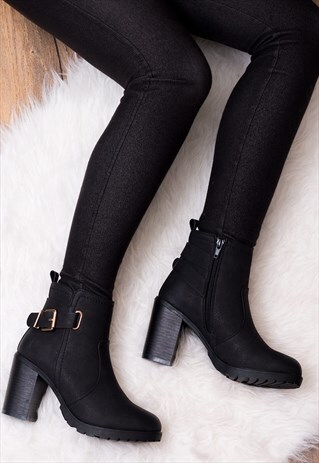 ELLIS BUCKLE BLOCK HEEL ANKLE BOOTS - BLACK LEATHER STYLE
