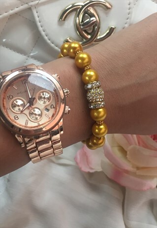 GOLD SWAROVSKI CRYSTAL AND PEARL BEAD BRACELET
