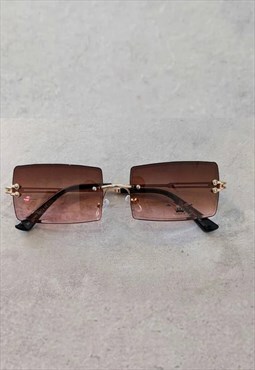 Y2K Rectangle Rimless Sunglasses - Brown Pink