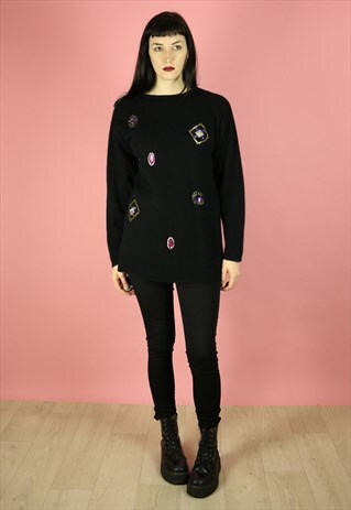 VINTAGE 80S BLACK WOOL JUMPER JEWEL BEADED EMBELLISHED