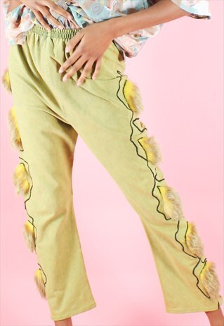 VINTAGE 90S TROUSERS FAUX FUR PATCHES GREEN WITH FLUFFY Y2K