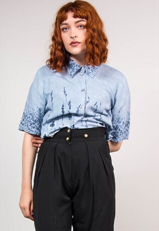 90'S VINTAGE BLUE FLORAL PATTERN SHORT SLEEVE SHIRT