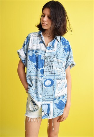 90'S RETRO ABSTRACT PRINT OVERSIZED SLOUCHY SHIRT BLOUSE TOP