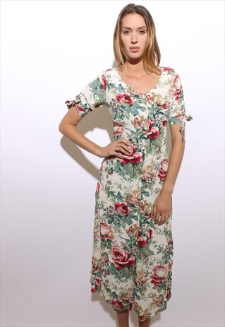 VINTAGE 1980'S 80'S WHITE FLORAL PRINT MAXI SUN DRESS S-M