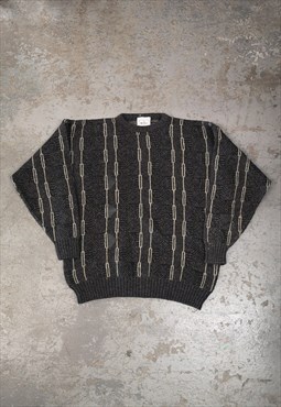 Vintage Abstract Knitted Jumper Grey Patterned Grandad 
