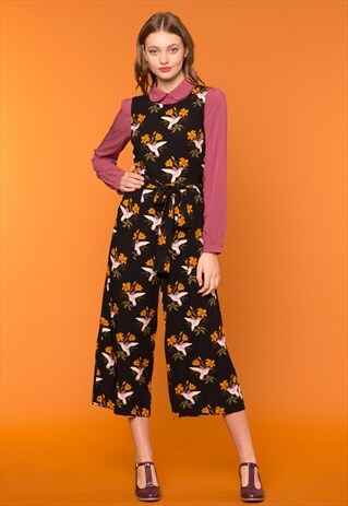 BLACK HUMMINGBIRD PRINT JUMPSUIT