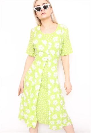 VINTAGE 90S GREEN FLORAL PRINT MIDI DRESS