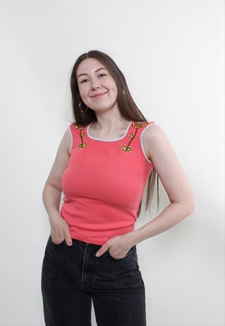 VINTAGE 90S FLOWERS TOP, EMBROIDERED FLORAL TOP HIPPIE TANK