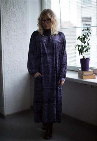 VINTAGE 80'S PURPLE VELVET MIDI BOHO STYLE DRESS