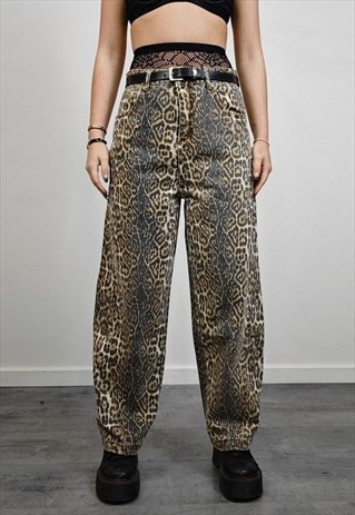 Brown leopard jeans faded animal print pants unisex denim 