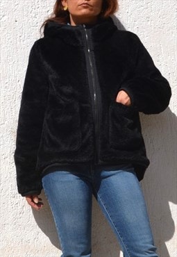 Black faux fur/waterproof double faced hooded jacket