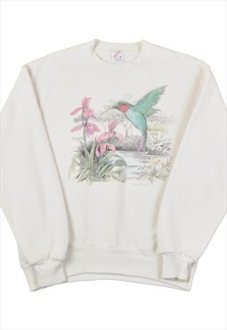 Vintage Humming Bird Print Sweatshirt White Ladies Medium