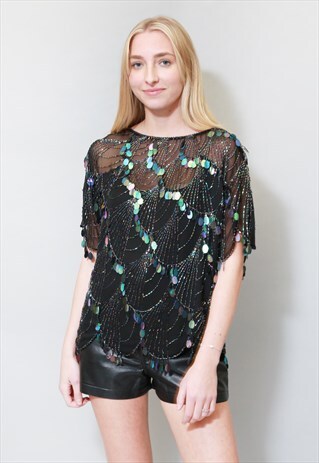 VINTAGE 1980'S BLACK SILK SEQUIN IRIDESCENT TOP