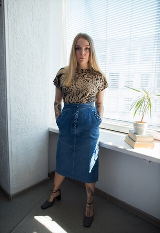 VINTAGE 80'S BLUE DENIM STUDDED MIDI SKIRT