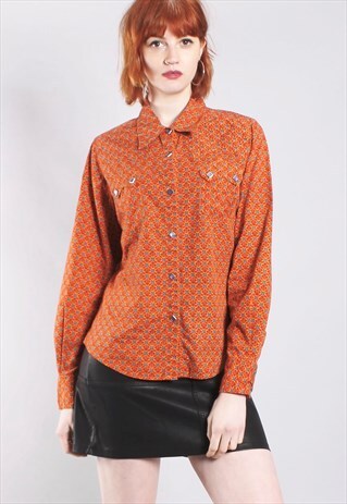 VINTAGE 90S ORANGE ABSTRACT PATTERN WESTERN POPPER SHIRT