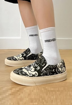 Japanese canvas shoes dragon print retro shoes in black