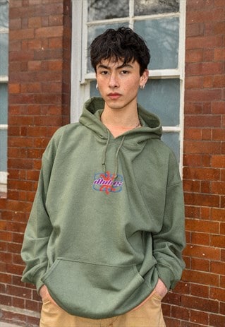 HOODIE IN MILITARY GREEN WITH FUTURISTIC Y2K INSPIRED LOGO