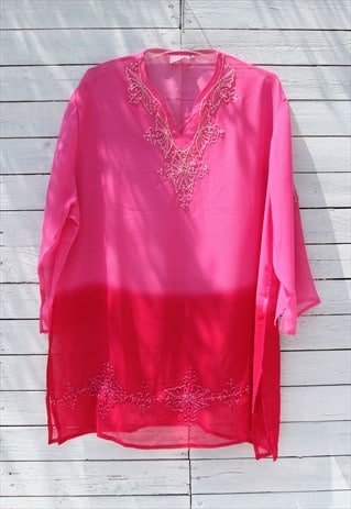 Crool y2k stock pink ombre embellished sheer see-through top