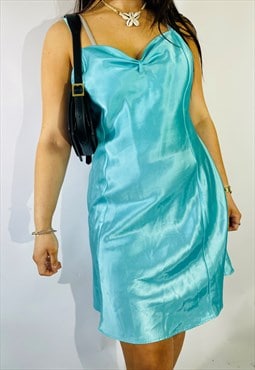 Vintage Size L Satin Mini Slip Dress in Blue