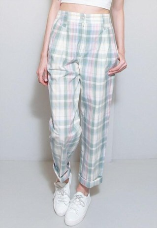 VINTAGE 1990'S GREEN CHECKED HIGH WAISTED TROUSERS