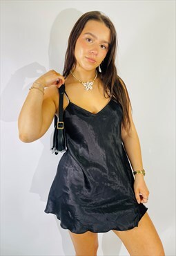 Vintage Size S Satin Mini Slip Dress in Black