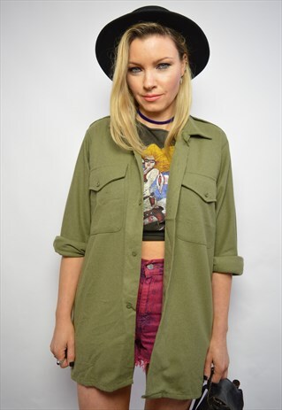 VINTAGE 90S ARMY GREEN MILITARY SHIRT PUNK ROCKER FESTIVAL