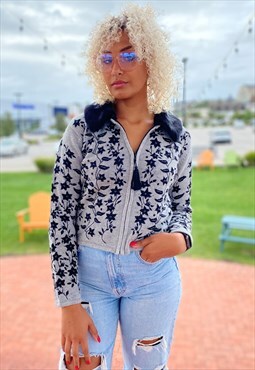 90s Vintage Vine Embroidered Cardigan with Fake Fur Collar
